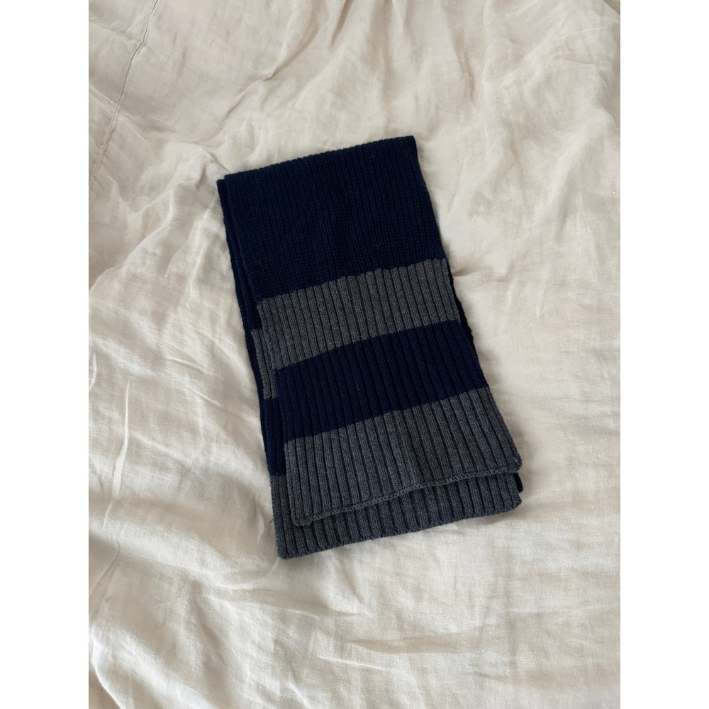 Rag & Bone Navy Blue Grey Striped 100% Merino Wool Ribbed Knit Scarf